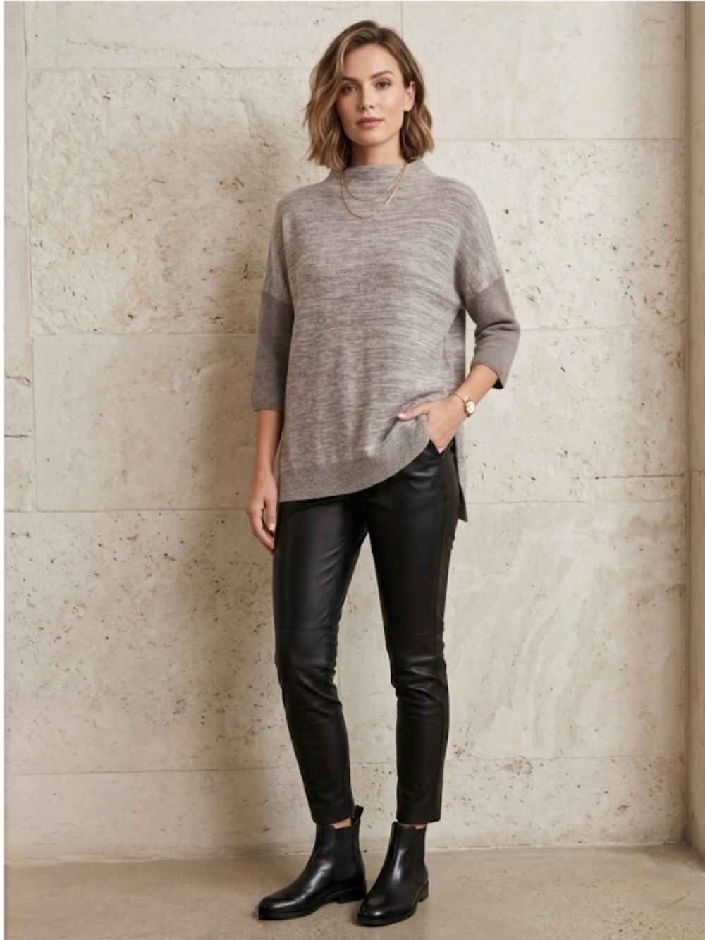 Kinross Women’s Marled Cashmere Relaxed Funnel Neck Sweater - Ivory Taupe M